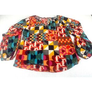 Emily Wonder Womens Geometric Patchwork Print Split Neck Balloon Sleeve Blouse M